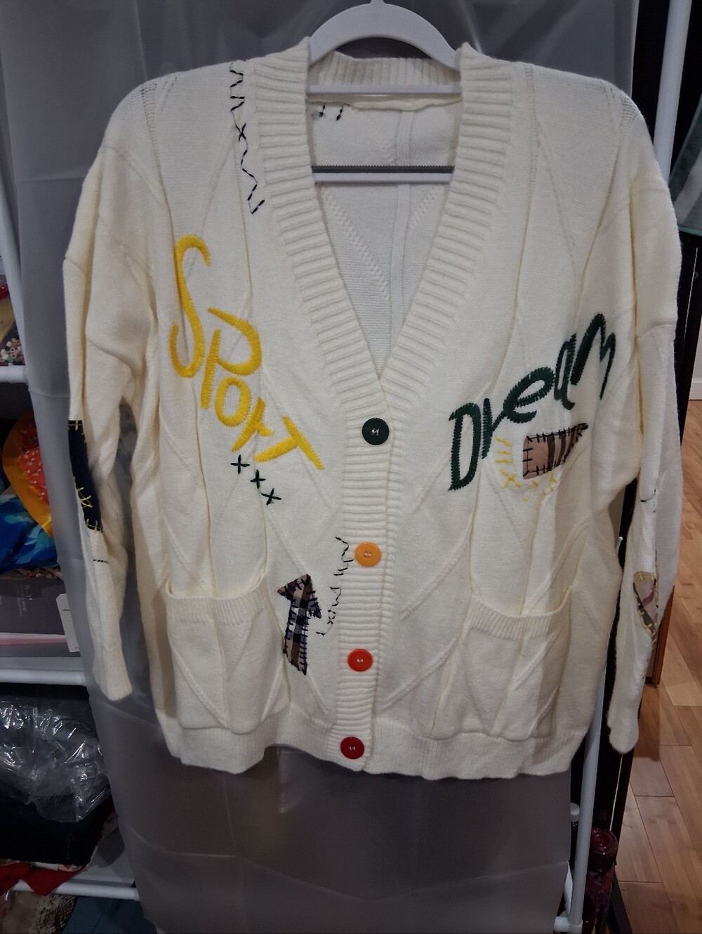 Cream Embroidered V-Neck Button Cardigan with Multicolor Accents